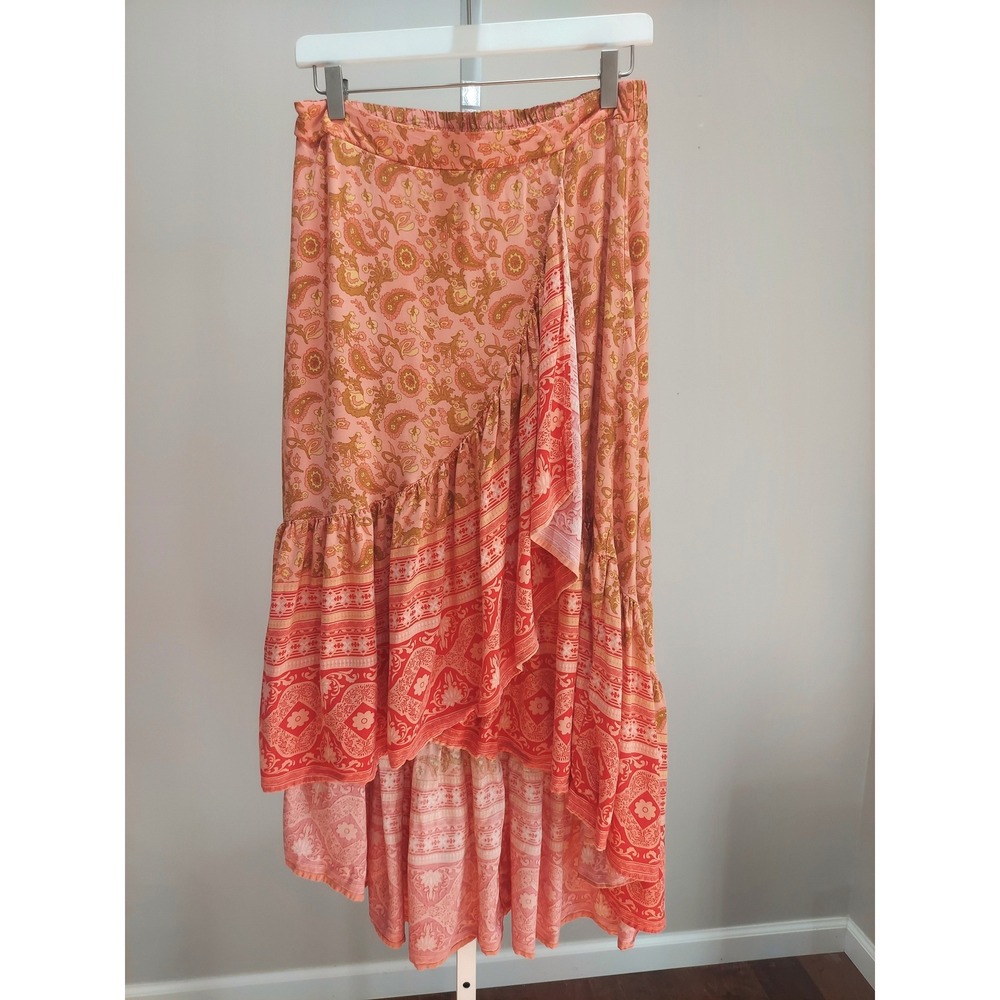 Rusttydustty Paisley High Low Ruffle Maxi Skirt Large Boho Bohemian Coral